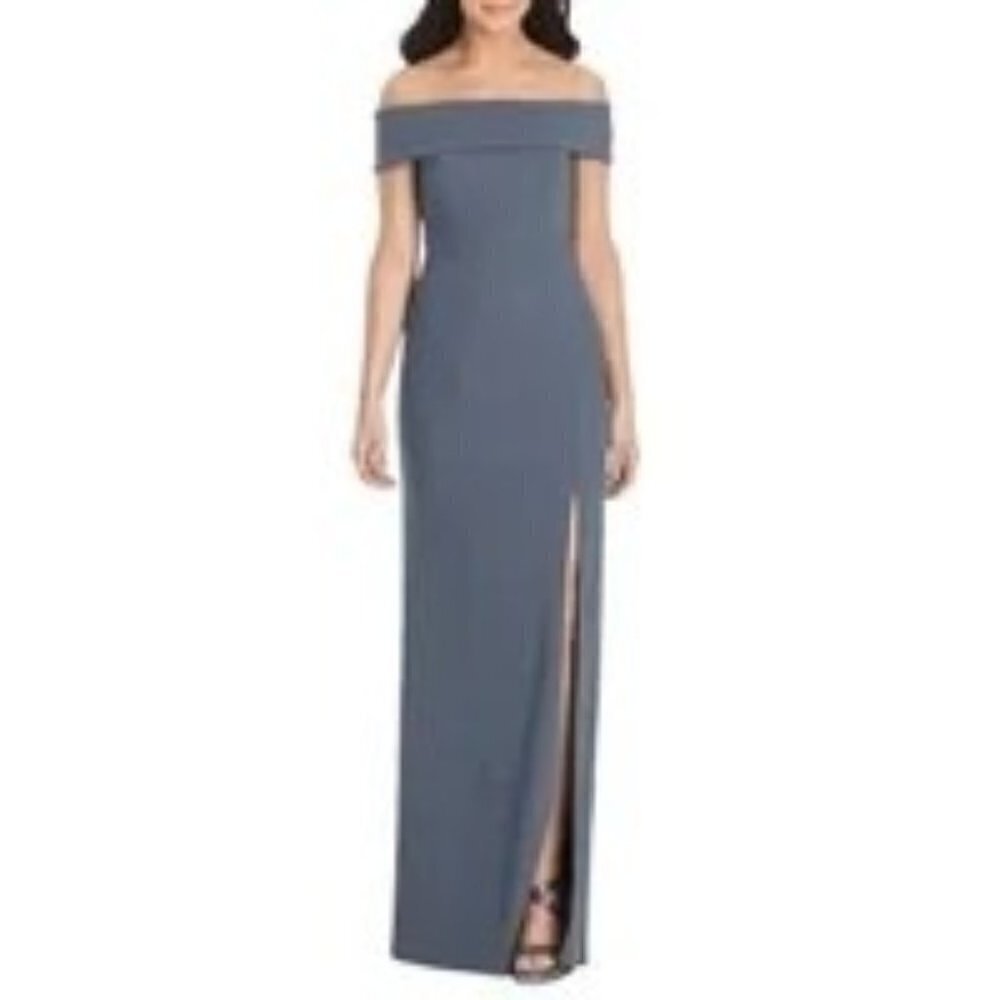 Dessy Womens Full Length Off Shoulder Crepe Dress Maxi Size 8 Silverstone NWT